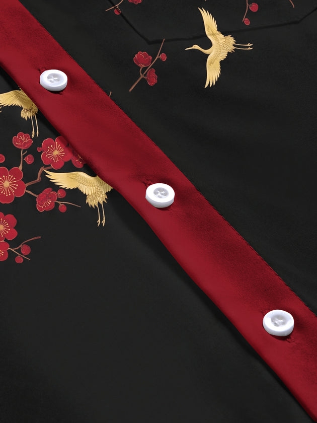 Adaychic Men's Printed Crane Birds And Plum Blossoms Print Long Sleeve Shirt with Chest Pocket