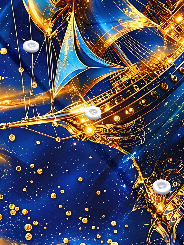 Adaychic Men's Printed Sailing Ship Print Music Notes Print Short Sleeve Shirt with Chest Pocket