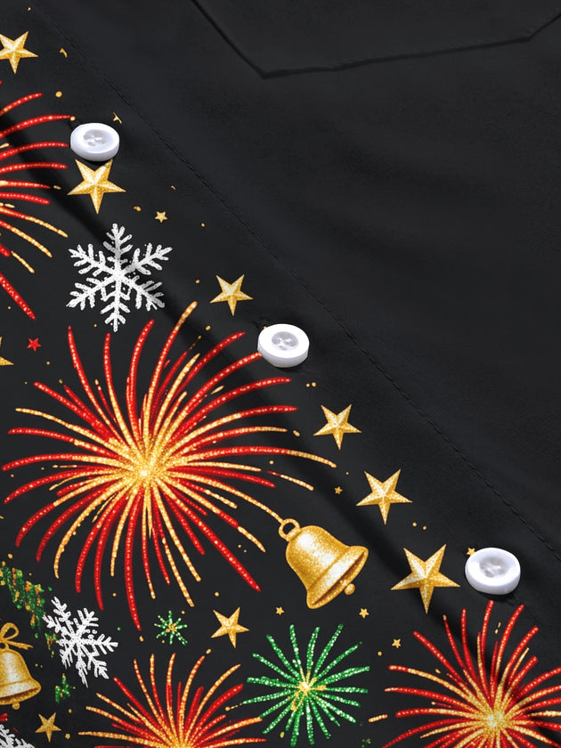 Adaychic Men's Christmas Fireworks And Christmas Trees Print Long Sleeve Shirt with Chest Pocket