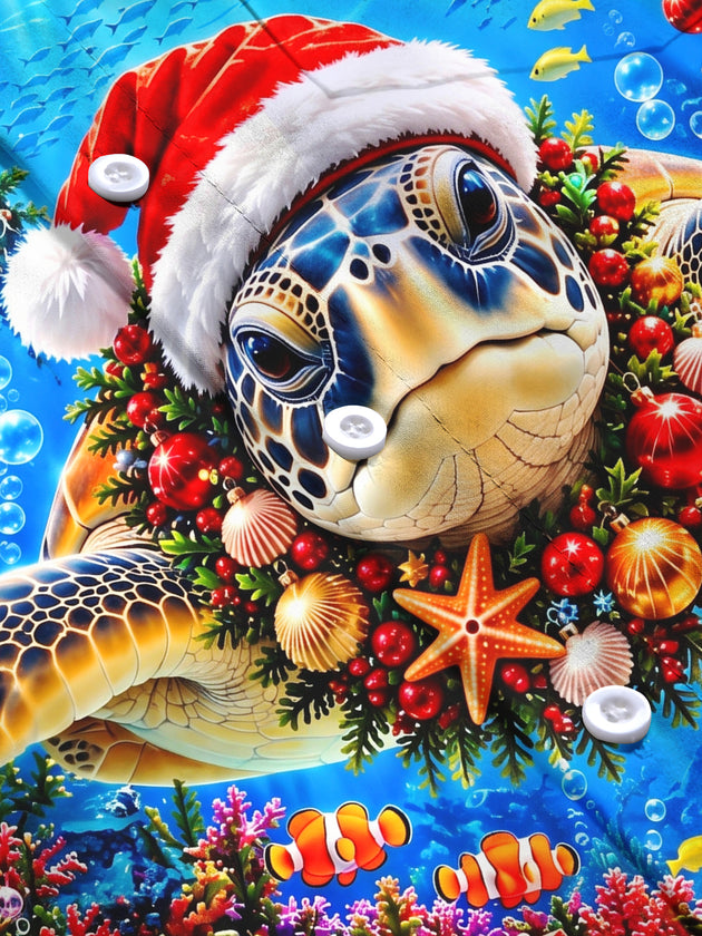 Adaychic Men's Long Sleeve Shirt - Sea Turtle Wearing Santa Hat And Christmas Wreath Print with Chest Pocket