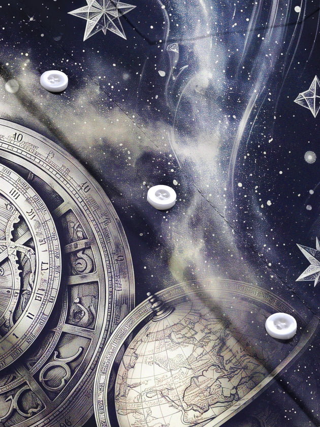 Adaychic Men's Vintage Astrolabe And Star Map Print Long Sleeve Shirt with Chest Pocket