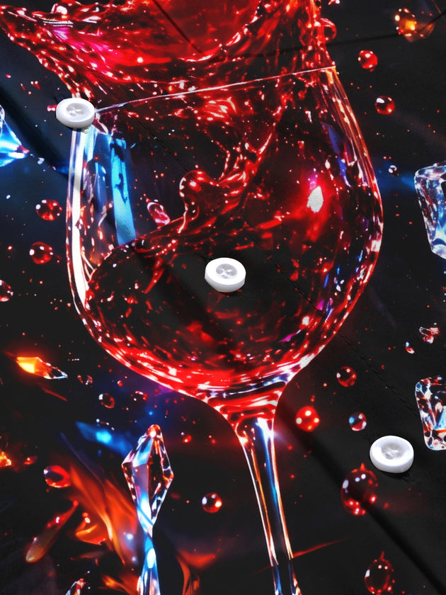Adaychic Men's Red Wine Glass Splash With Ice Cubes Print Long Sleeve Shirt with Chest Pocket