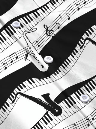 Adaychic Men's Graphic Piano Keys And Musical Notes Print Long Sleeve Shirt with Chest Pocket