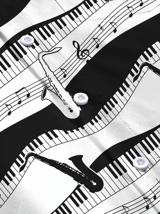 Adaychic Men's Graphic Piano Keys And Musical Notes Print Long Sleeve Shirt with Chest Pocket