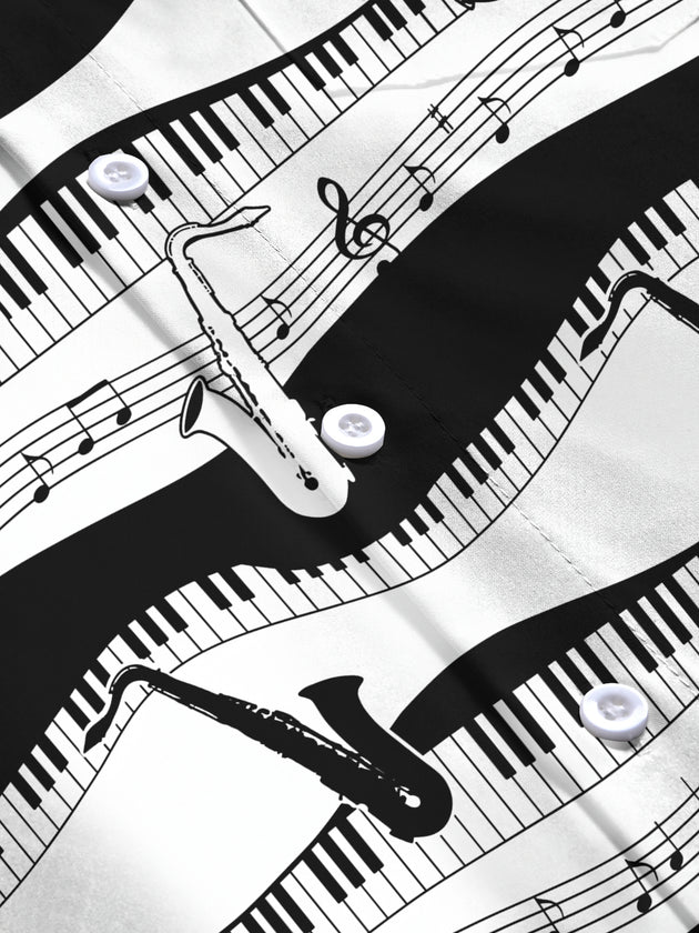 Adaychic Men's Graphic Piano Keys And Musical Notes Print Long Sleeve Shirt with Chest Pocket