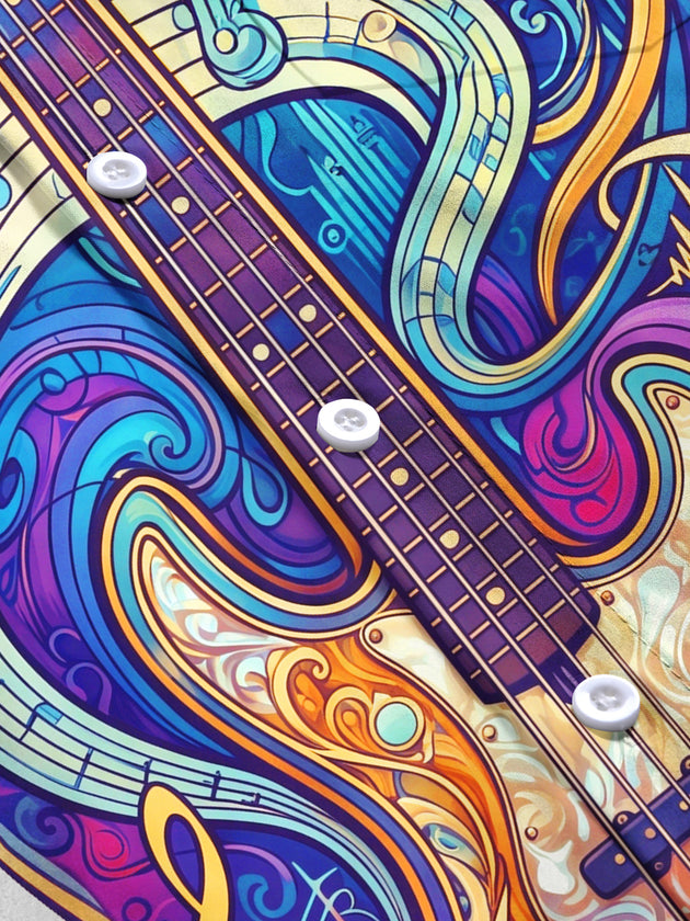 Adaychic Men's Long Sleeve Shirt - Psychedelic Bass Guitar And Musical Notes Print with Chest Pocket