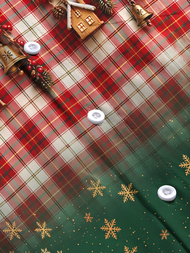 Adaychic Men's Long Sleeve Shirt - Christmas Plaid With Pine Branches And Ornaments Print with Chest Pocket