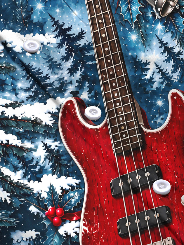 Adaychic Men's Long Sleeve Shirt - Christmas Snowy Forest And Holly Print Red Bass Guitar Print with Chest Pocket