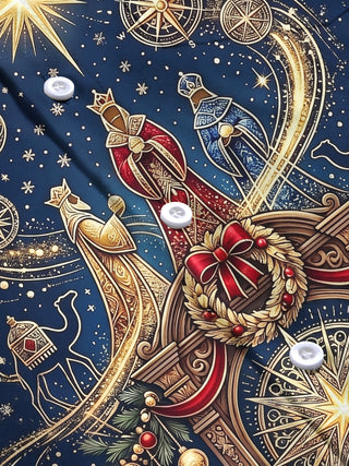 Adaychic Men's Three Wise Men And Christmas Ornaments Print Long Sleeve Shirt with Chest Pocket