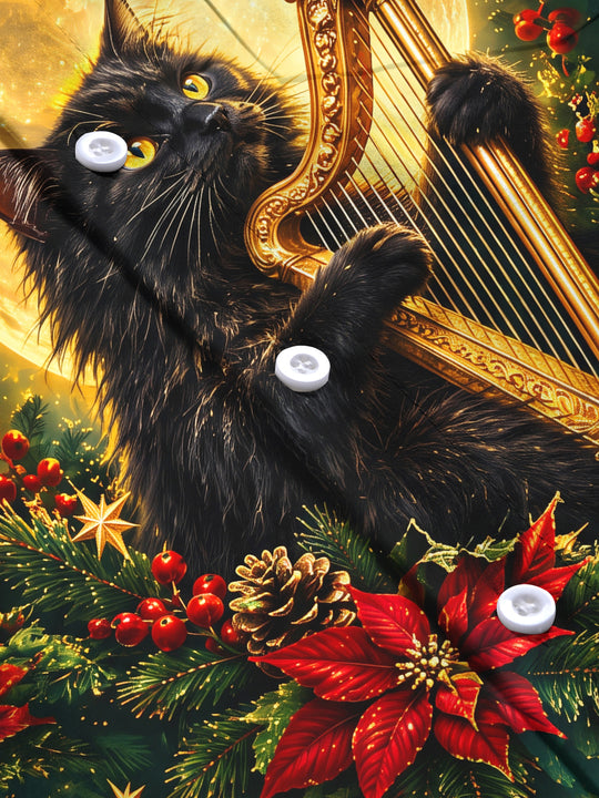 Adaychic Men's Long Sleeve Shirt - Black Cat Playing Harp With Christmas Elements Print with Chest Pocket