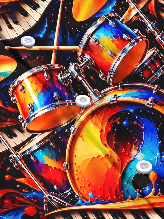 Adaychic Men's Drum Set Piano Keys And Vinyl Records Print Long Sleeve Shirt with Chest Pocket