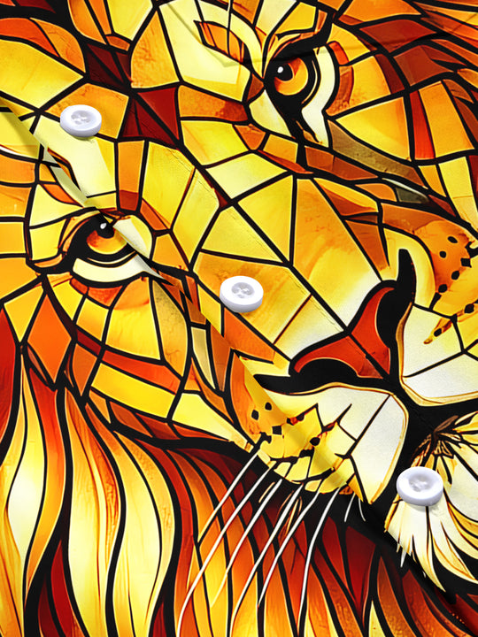 Adaychic Men's Graphic Stained Glass Lion Head Print Short Sleeve Shirt with Chest Pocket