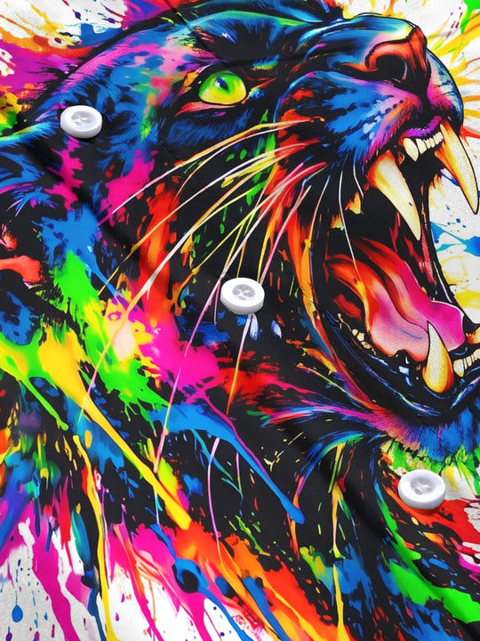 Adaychic Men's Graphic Colorful Paint Splatter Panther Print Long Sleeve Shirt with Chest Pocket