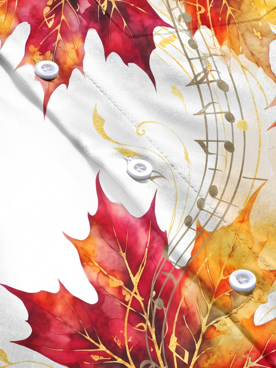 Adaychic Men's Autumn Maple Leaves And Music Score Print Long Sleeve Shirt with Chest Pocket