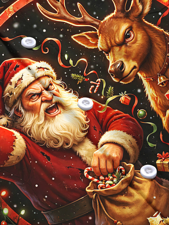 Adaychic Men's Long Sleeve Shirt - Angry Santa Claus And Reindeer With Gifts Print with Chest Pocket