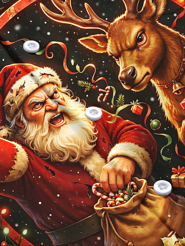 Adaychic Men's Long Sleeve Shirt - Angry Santa Claus And Reindeer With Gifts Print with Chest Pocket