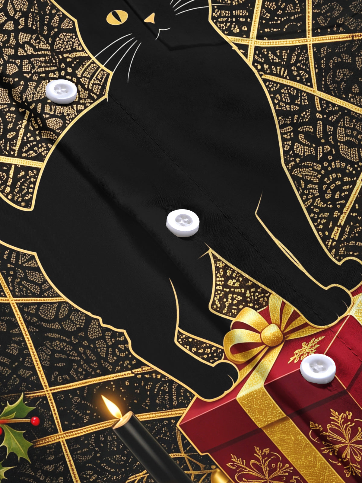 Adaychic Men's Graphic Holly And Bells Print Holly Print Long Sleeve Shirt with Chest Pocket