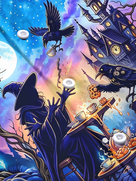 Adaychic Men's Halloween Witch And Raven Tea Party Print Long Sleeve Shirt with Chest Pocket
