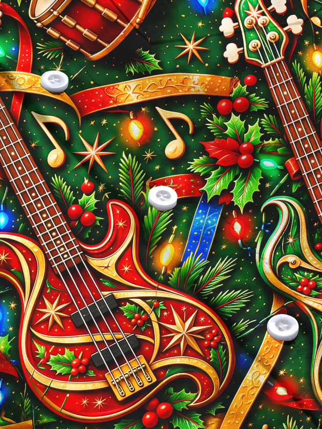 Adaychic Men's Long Sleeve Shirt - Bass Guitars And Drums With Christmas Motifs Print with Chest Pocket