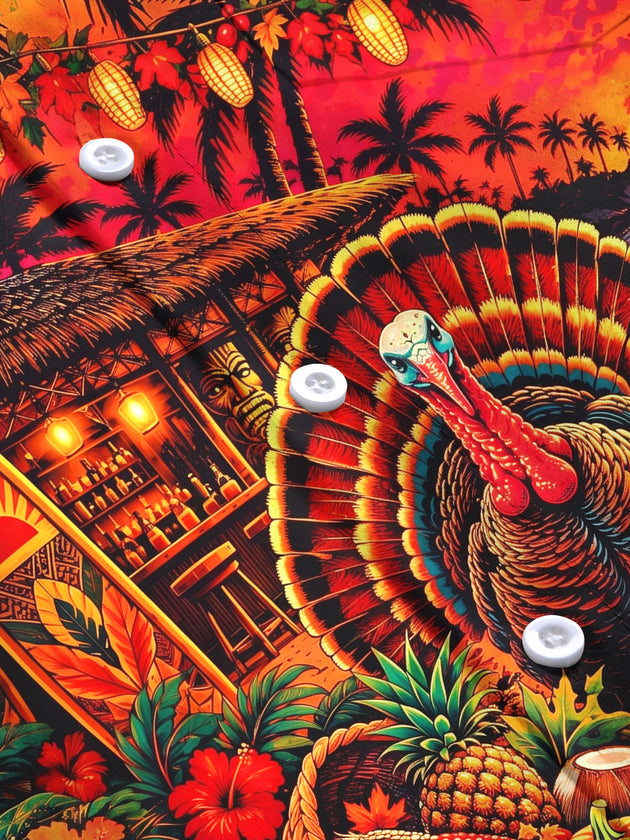 Adaychic Men's Thanksgiving Turkey And Harvest Basket Print Long Sleeve Shirt with Chest Pocket