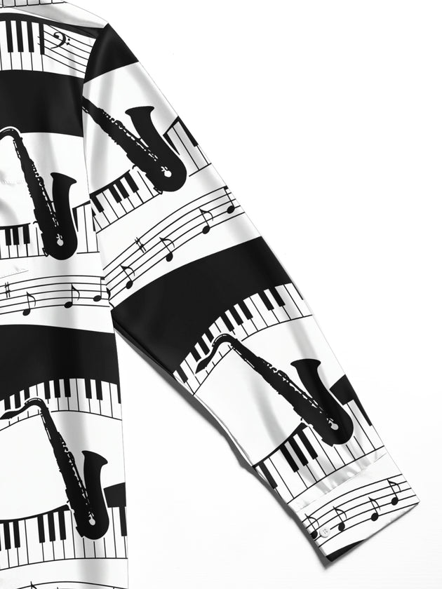 Adaychic Men's Graphic Piano Keys And Musical Notes Print Long Sleeve Shirt with Chest Pocket