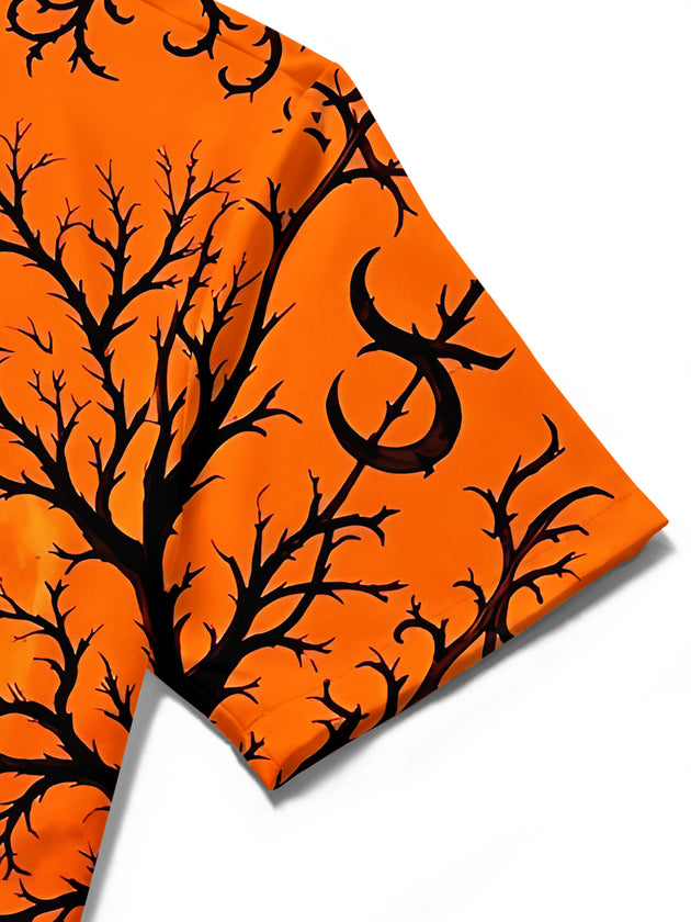 Adaychic Men's Short Sleeve Shirt - Halloween Black Cat On Lantern With Moon And Trees Print with Chest Pocket
