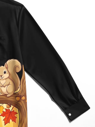 Adaychic Men's Long Sleeve Shirt - Autumn Squirrels On Branch With Leaves And Acorns Print with Chest Pocket