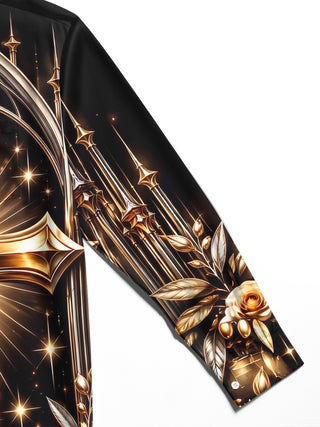 Adaychic Men's Printed Golden Cross And Roses Print Long Sleeve Shirt with Chest Pocket