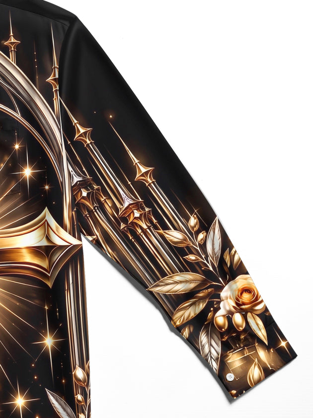 Adaychic Men's Printed Golden Cross And Roses Print Long Sleeve Shirt with Chest Pocket