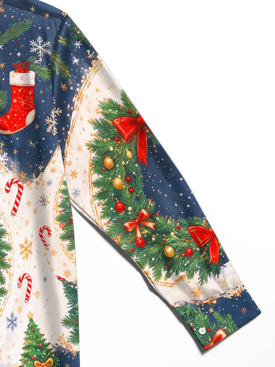 Adaychic Men's Christmas Wreath With Red Bows Print Long Sleeve Shirt with Chest Pocket