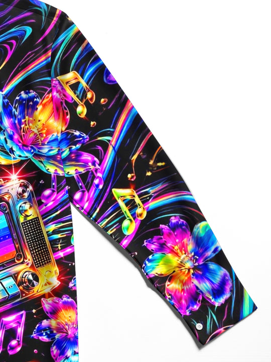 Adaychic Men's Hawaiian Neon Cassette Tape Print Long Sleeve Shirt with Chest Pocket