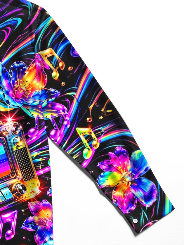 Adaychic Men's Hawaiian Neon Cassette Tape Print Long Sleeve Shirt with Chest Pocket