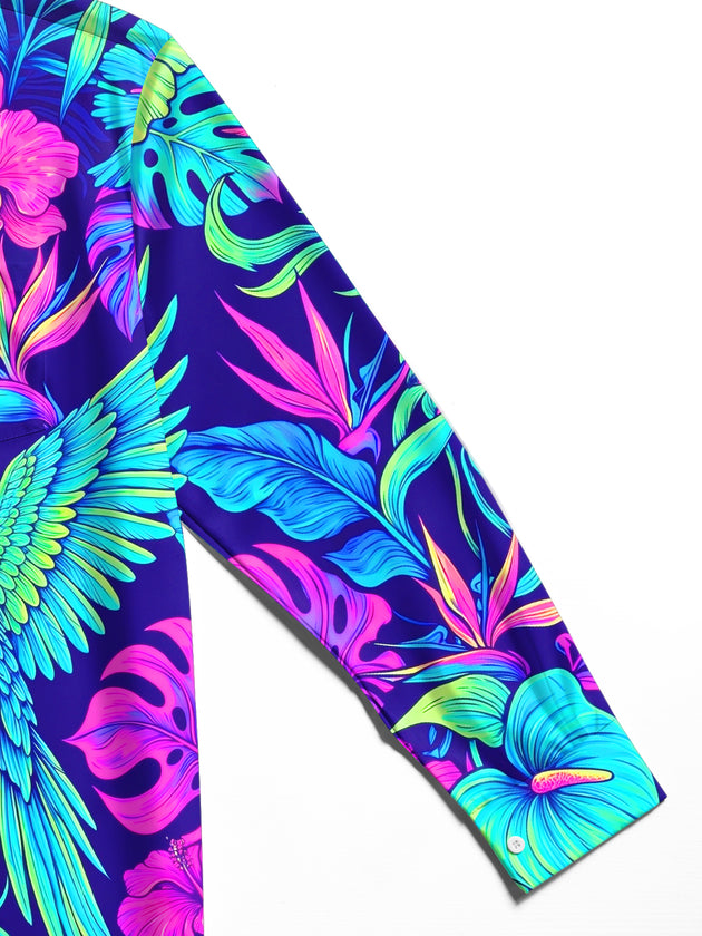 Adaychic Men's Neon Parrots And Tropical Flowers Print Long Sleeve Shirt with Chest Pocket
