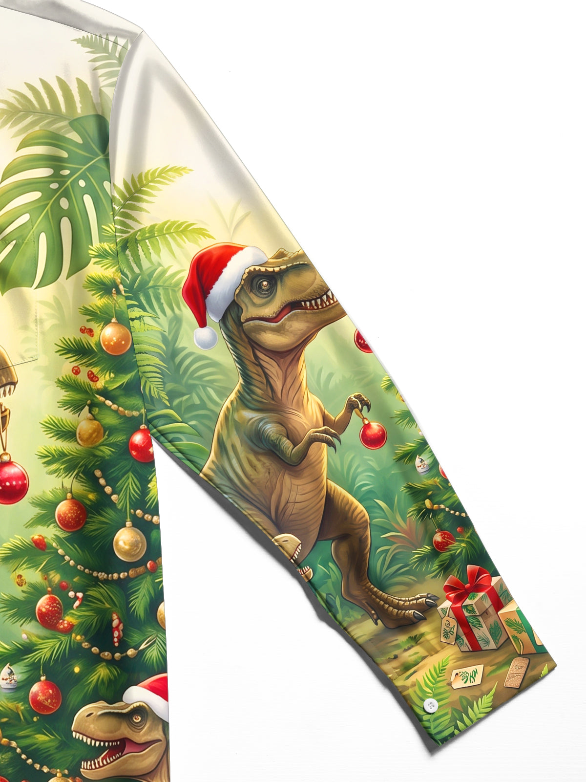 Adaychic Men's Hawaiian Dinosaur Christmas Tree Print Long Sleeve Shirt with Chest Pocket