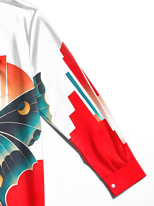 Adaychic Men's Luna Moth With Geometric Sun And Stripes Print Long Sleeve Shirt with Chest Pocket