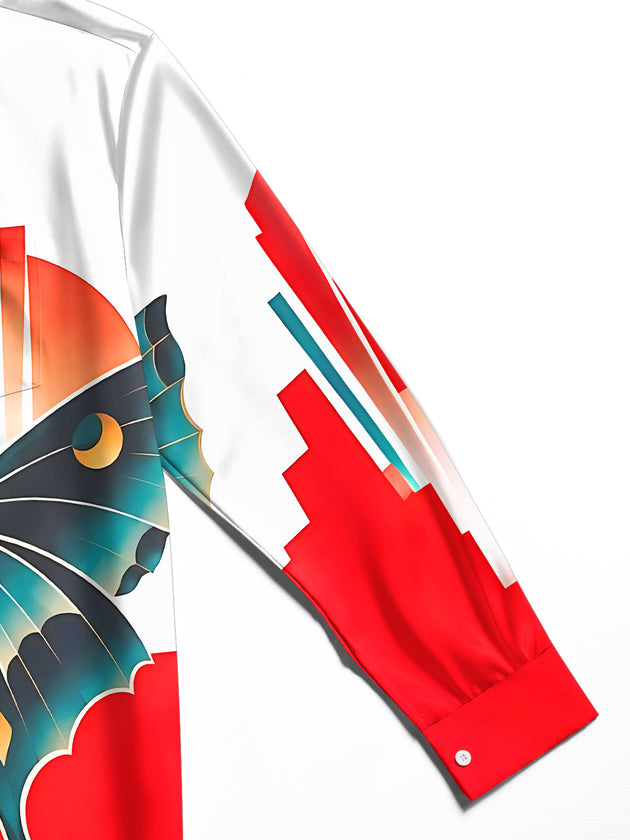 Adaychic Men's Luna Moth With Geometric Sun And Stripes Print Long Sleeve Shirt with Chest Pocket