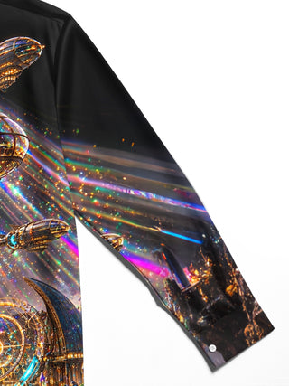 Adaychic Men's Steampunk Airships And Fantasy Cityscape Print Long Sleeve Shirt with Chest Pocket