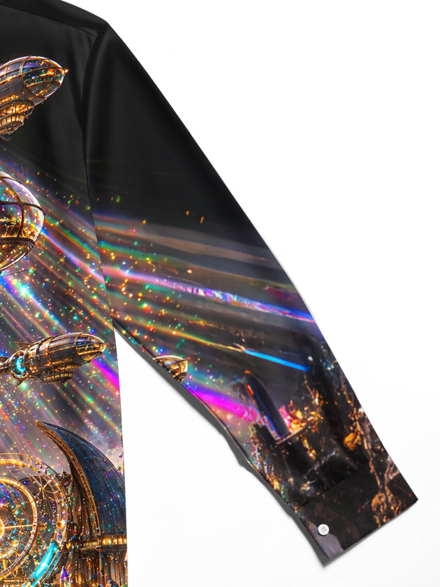 Adaychic Men's Steampunk Airships And Fantasy Cityscape Print Long Sleeve Shirt with Chest Pocket