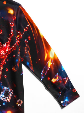 Adaychic Men's Red Wine Glass Splash With Ice Cubes Print Long Sleeve Shirt with Chest Pocket