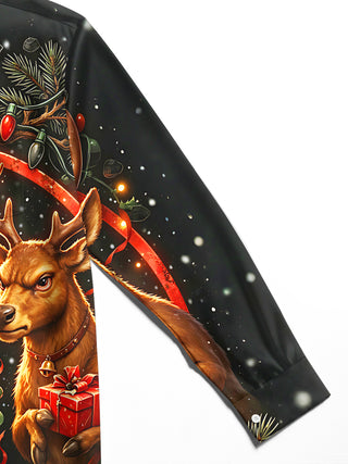 Adaychic Men's Long Sleeve Shirt - Angry Santa Claus And Reindeer With Gifts Print with Chest Pocket