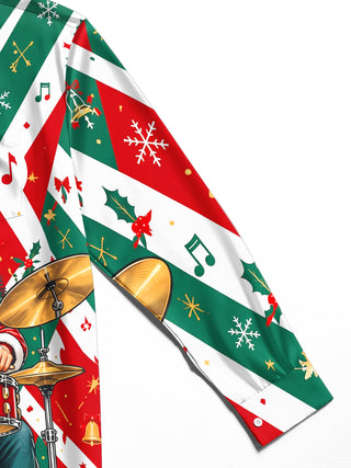 Adaychic Men's Graphic Santa Claus Playing Drum Set Print Long Sleeve Shirt with Chest Pocket