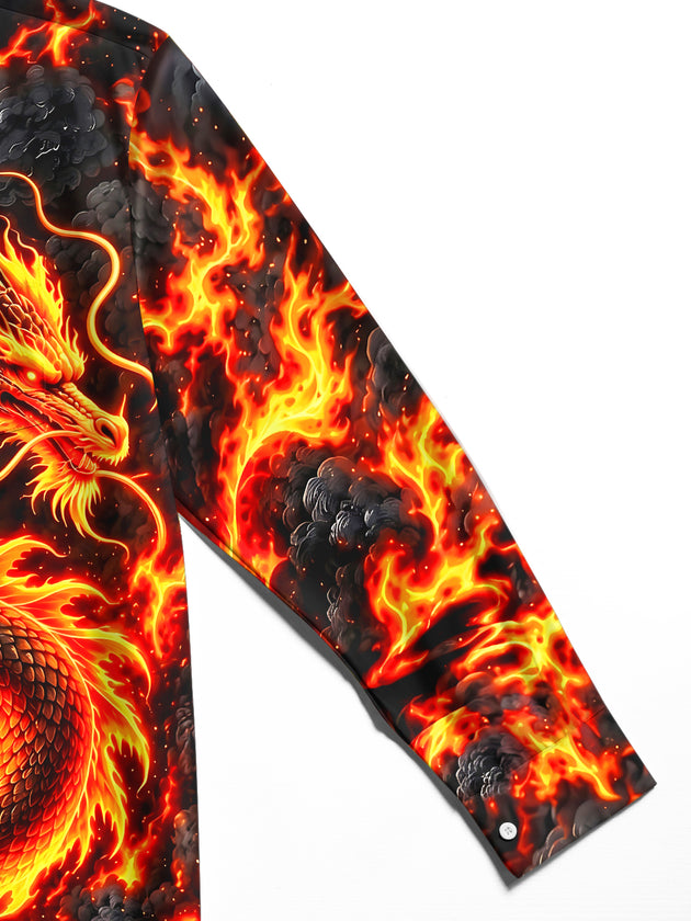 Adaychic Men's Graphic Flame Dragon Print Long Sleeve Shirt with Chest Pocket