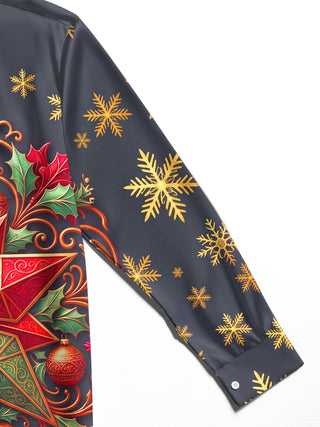 Adaychic Men's Christmas Star Holly Baubles Snowflakes Print Long Sleeve Shirt with Chest Pocket