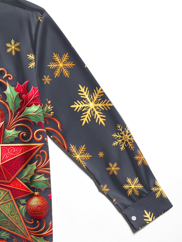 Adaychic Men's Christmas Star Holly Baubles Snowflakes Print Long Sleeve Shirt with Chest Pocket