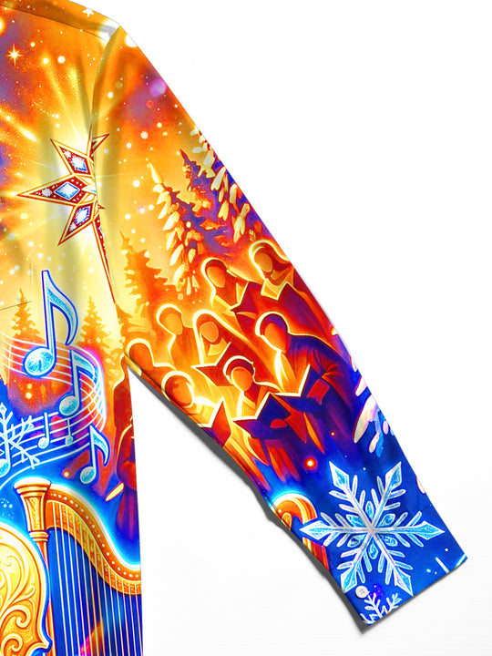 Adaychic Men's Long Sleeve Shirt - Christmas Stained Glass Church And Musical Instruments Print with Chest Pocket