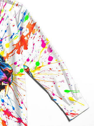 Adaychic Men's Graphic Colorful Paint Splatter Panther Print Long Sleeve Shirt with Chest Pocket