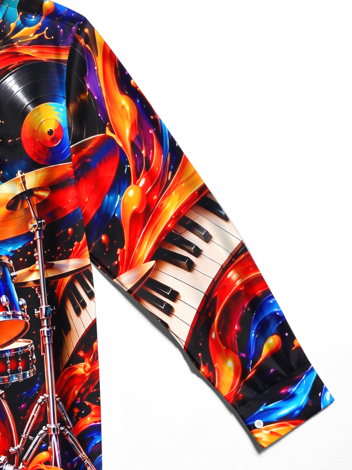 Adaychic Men's Drum Set Piano Keys And Vinyl Records Print Long Sleeve Shirt with Chest Pocket