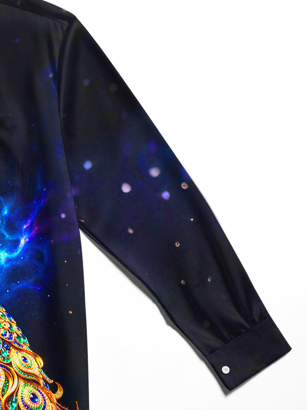Adaychic Men's Graphic Art Gem Starry Peacock Print Long Sleeve Shirt with Chest Pocket