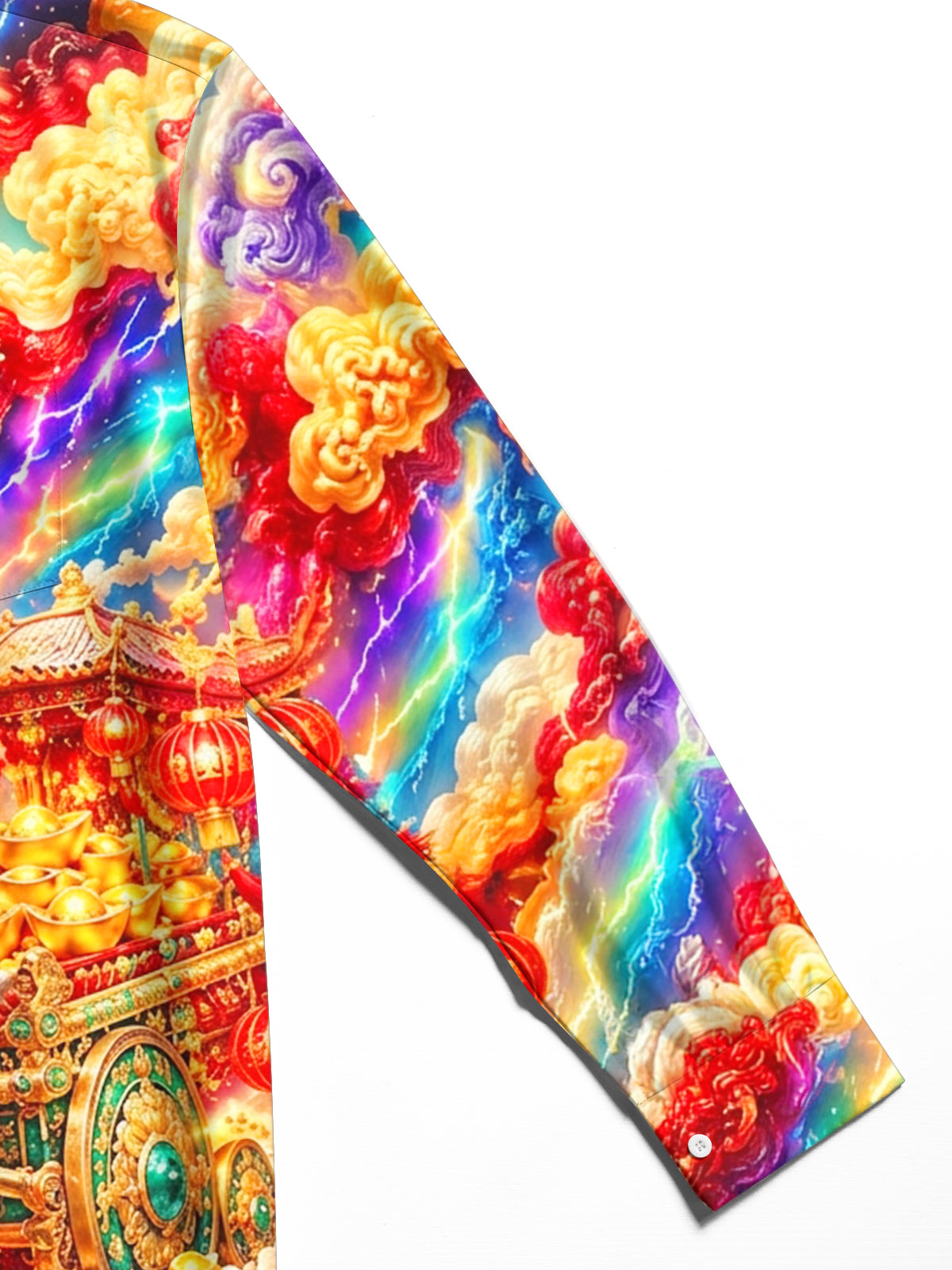 Adaychic Men's Long Sleeve Shirt - White Dragon And Golden Cart With Red Lanterns Print with Chest Pocket