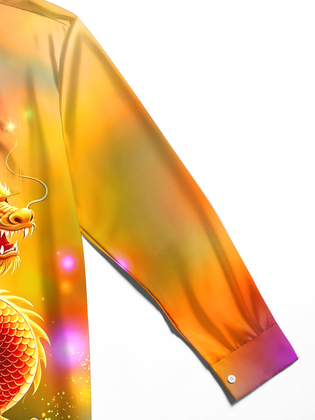 Adaychic Men's Graphic Golden Dragon Print Long Sleeve Shirt with Chest Pocket